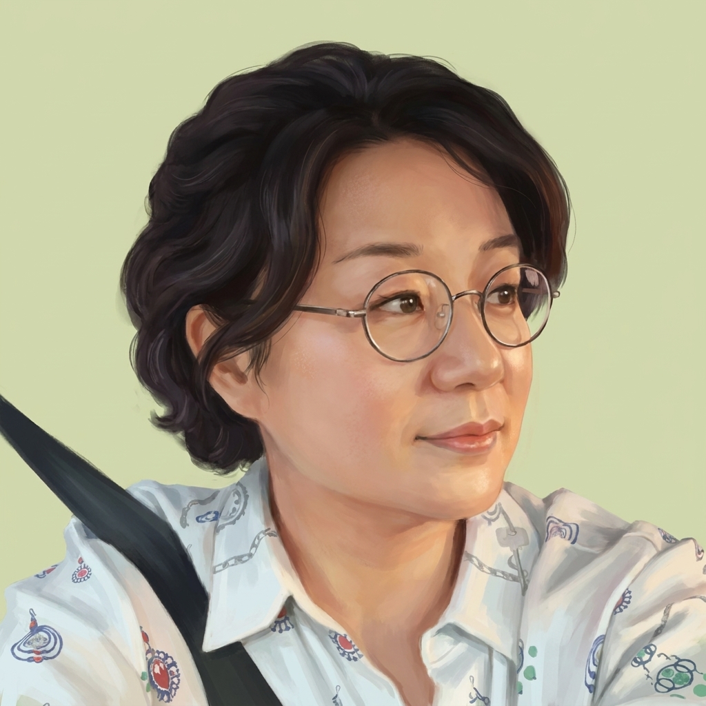 Illustrated profile portrait of Grace — a nurse in Korea and author of The ADHD Nurse Diaries — wearing round glasses, with her seatbelt on in a car.