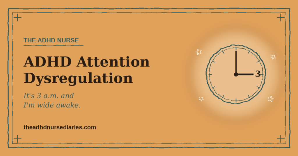 ADHD attention dysregulation illustration — a clock reading 3 a.m. glowing in the dark with a lit window nearby, showing a mind wide awake at night.