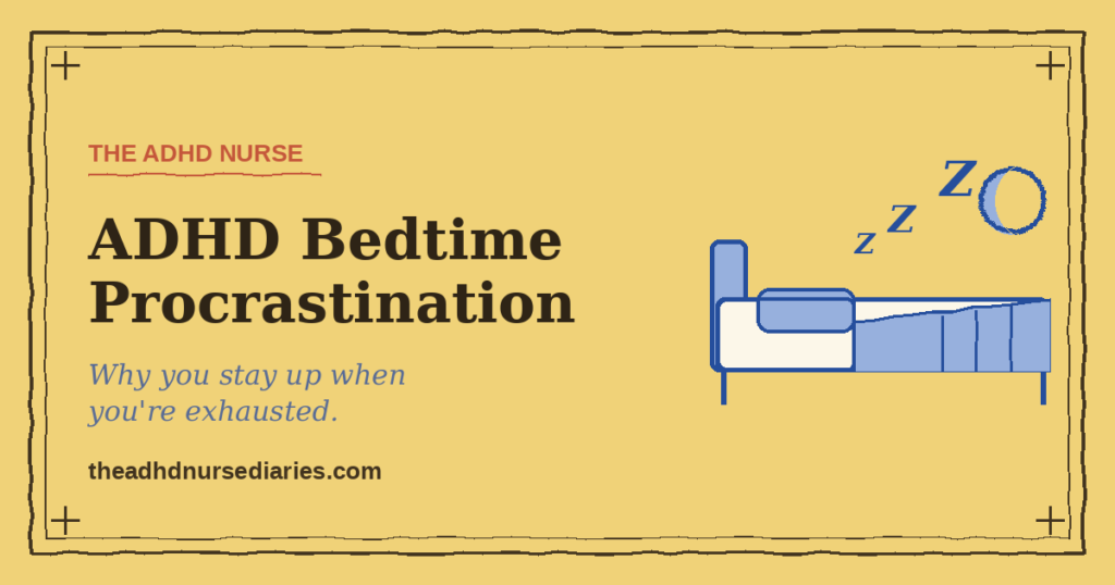 A cozy bed with a crescent moon and Zzz, illustrating ADHD bedtime procrastination