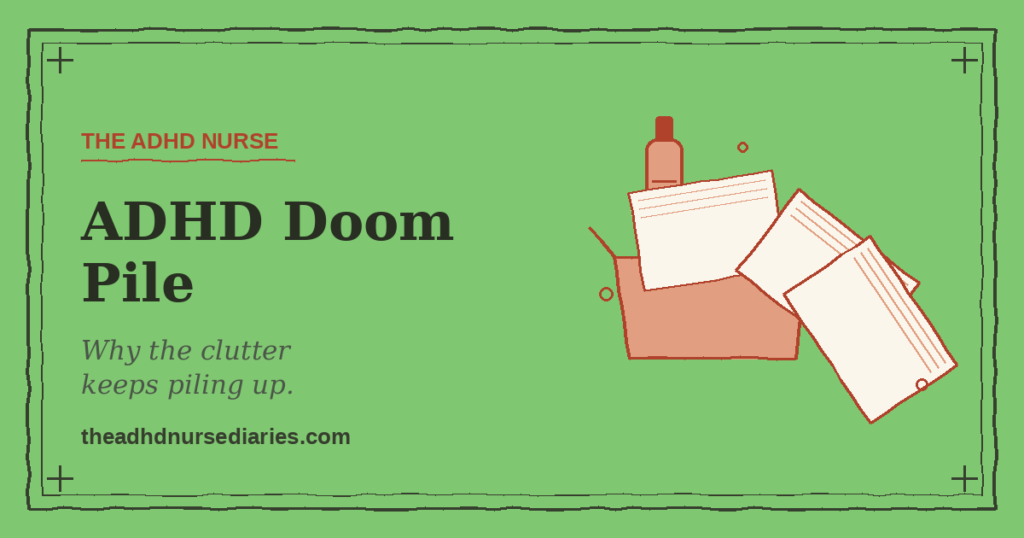 Illustration of an ADHD doom pile — papers spilling out of an open box