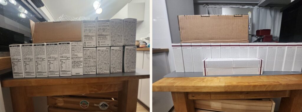 A year's supply of probiotics and skin-cream boxes lined up on a kitchen table - one ADHD impulsive-spending haul.
