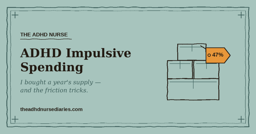 ADHD impulsive spending illustration — a stack of delivery boxes with a 47% discount price tag.