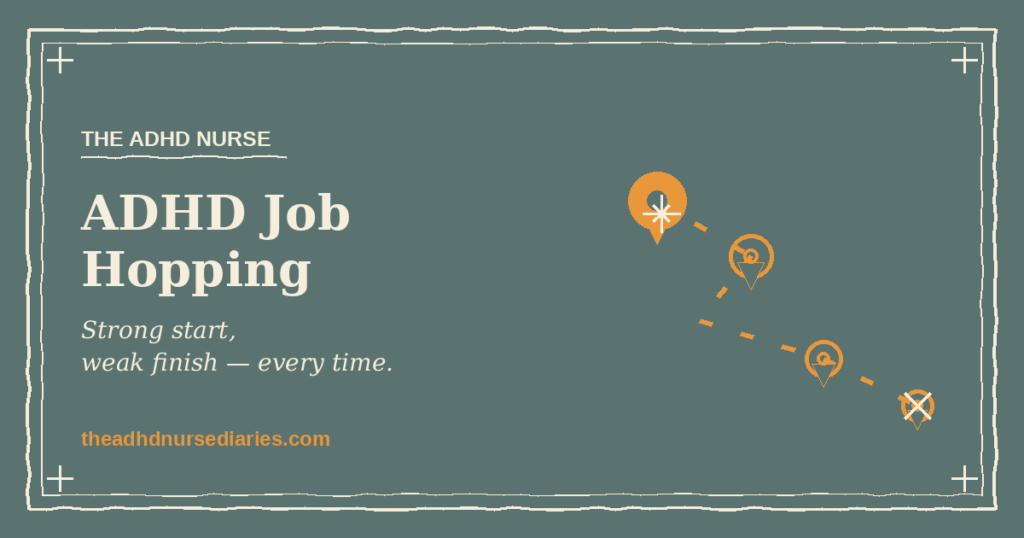 ADHD job hopping illustration — a winding map trail with job markers fading out and ending in an X.