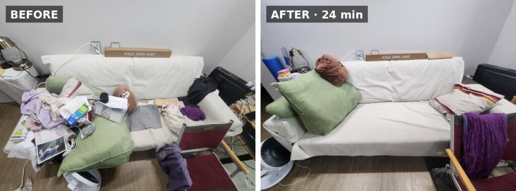 A messy sofa before and the same sofa tidied 24 minutes later — an ADHD perfectionist cleaning in short bursts instead of waiting to do it perfectly.