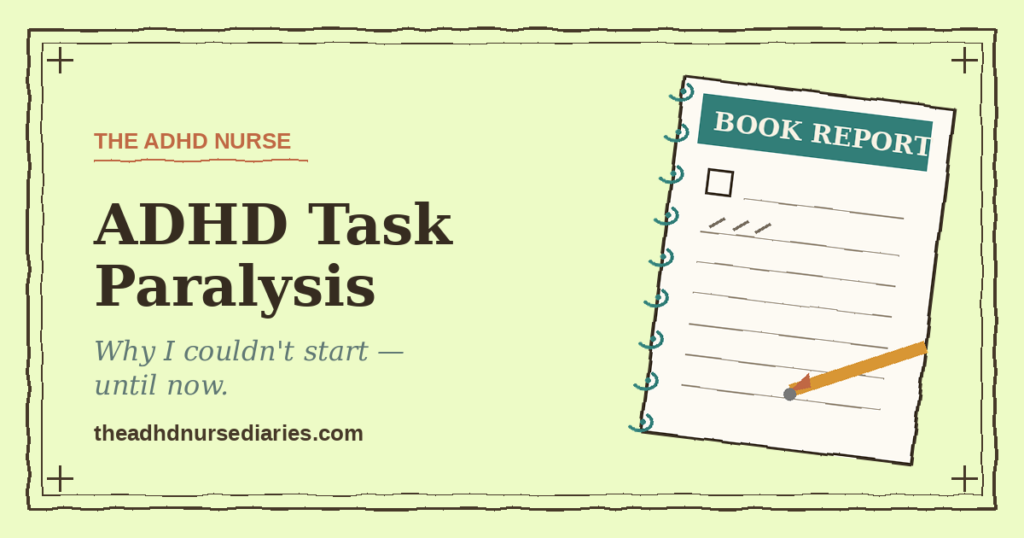 An almost-blank Book Report notebook with a pencil resting on it — an illustration of ADHD task paralysis, the freeze before starting.