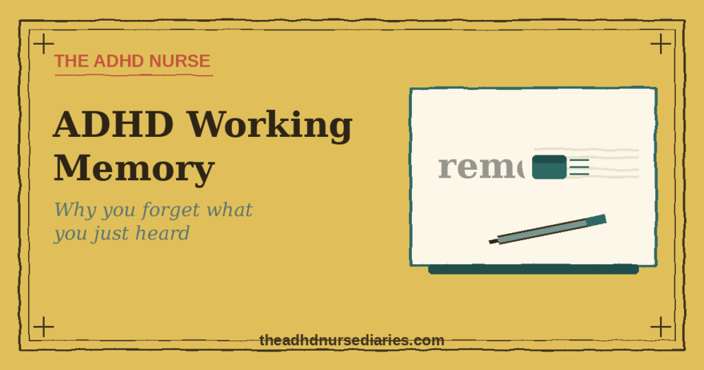 ADHD working memory illustration: a whiteboard with the word "remember" half-wiped by an eraser — the brain's mental scratchpad being erased.