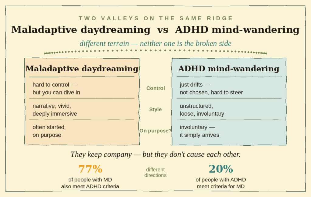 Symmetrical comparison chart of maladaptive daydreaming and ADHD mind-wandering, contrasting control, style, and intent without framing either as broken
