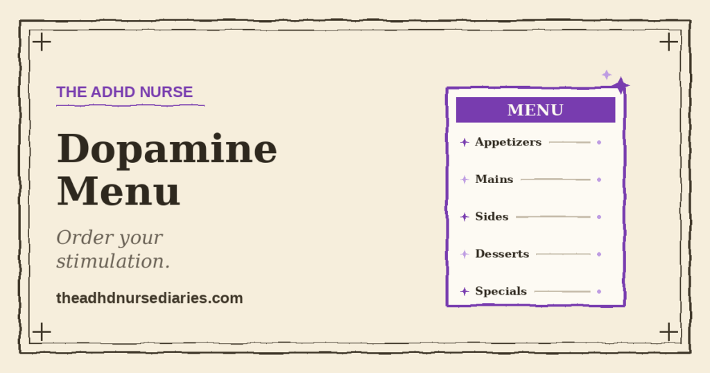ADHD dopamine menu — a violet restaurant-style menu card with a MENU header and sparkle bullets, on a cream background
