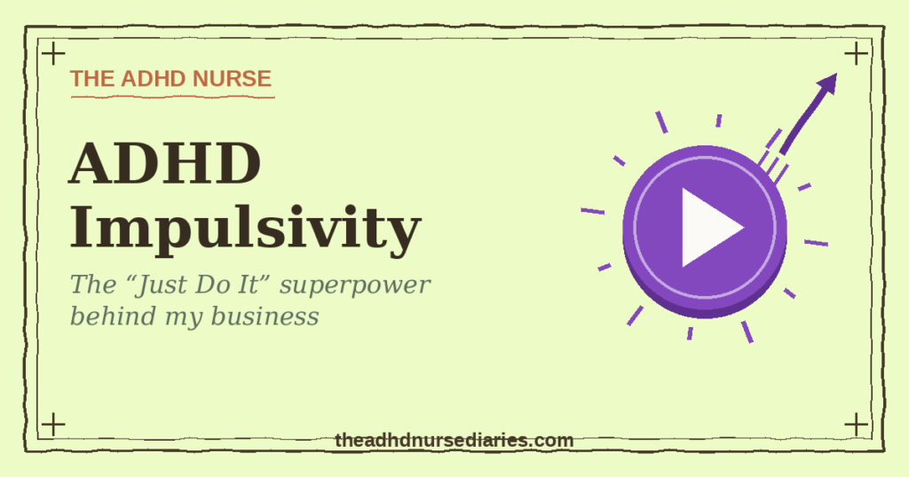 ADHD impulsivity illustration — a purple "GO" play button pressed, launching an arrow upward: the "just do it" drive as a business superpower.