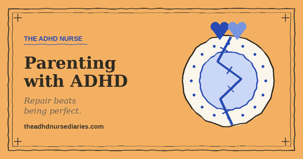Parenting with ADHD — a cracked plate mended with a royal-blue seam and stitches, symbolizing repair over perfection