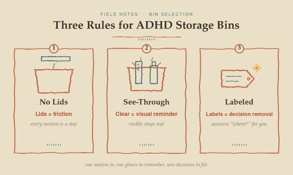 Three rules for choosing ADHD storage bins: no lids, clear or open-top, labeled