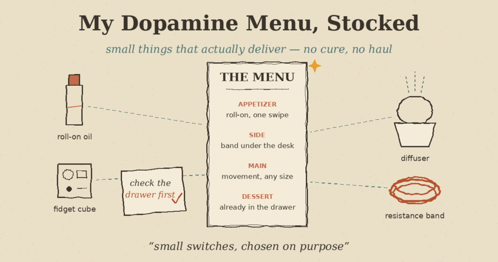 a nurse's honest dopamine menu items shopping list on a wooden desk