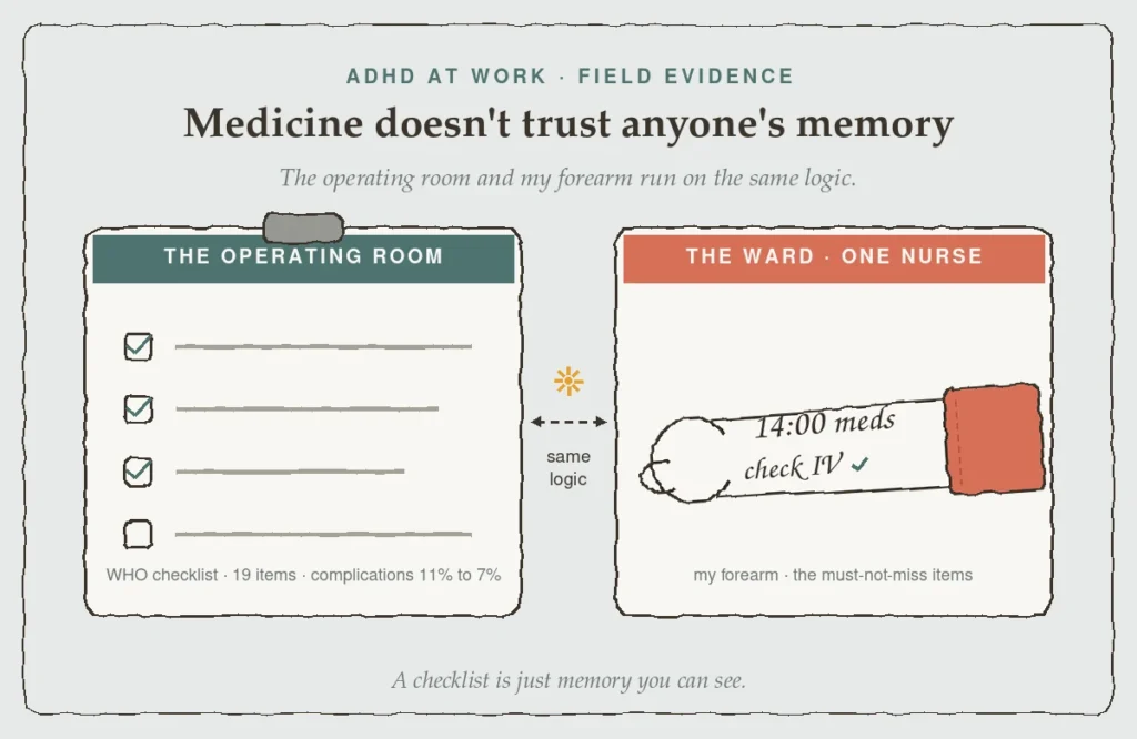 Side-by-side of the WHO surgical safety checklist and a forearm with marker notes, showing that ADHD at work workarounds share the same safety logic as the operating room