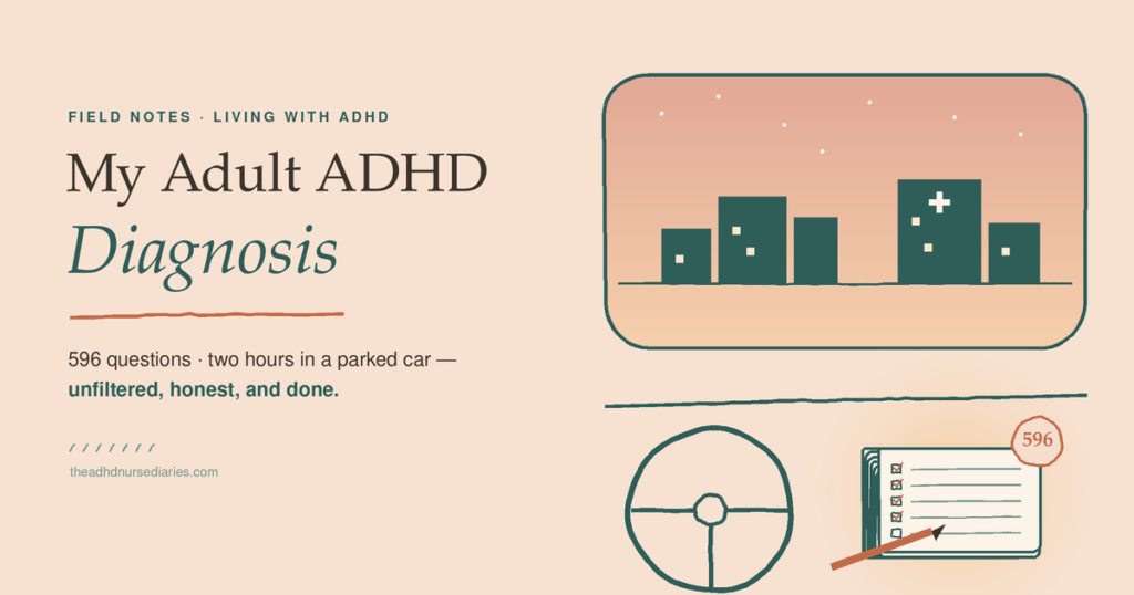 adult ADHD diagnosis — finishing a 596-question assessment in a parked car